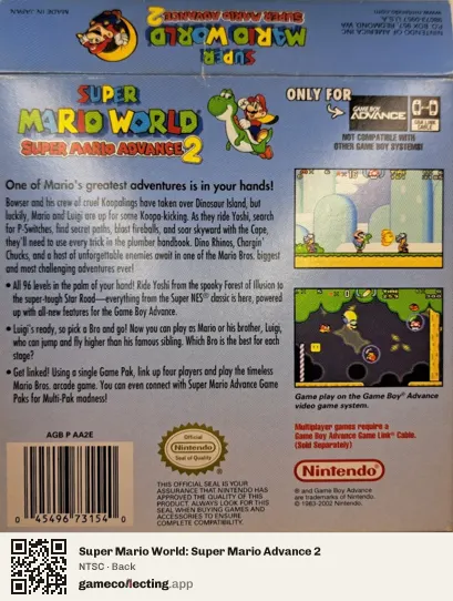 Super Mario World: Super Mario Advance 2 Game Boy Advance, NTSC box back