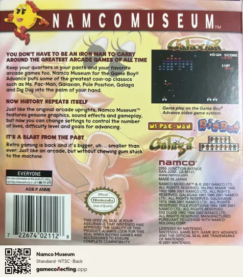 Namco Museum Game Boy Advance, NTSC box back