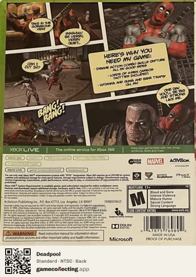 Deadpool Xbox 360, NTSC box back