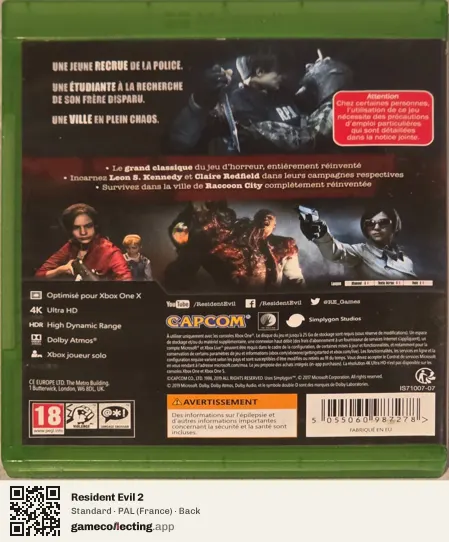 Resident Evil 2 Xbox One, France box back
