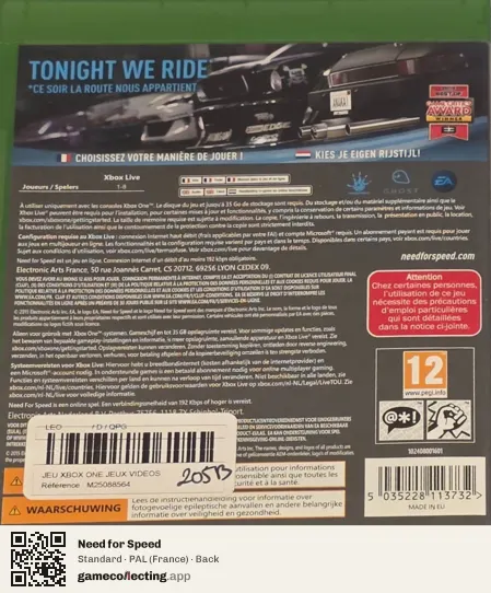 Need for Speed Xbox One, France box back