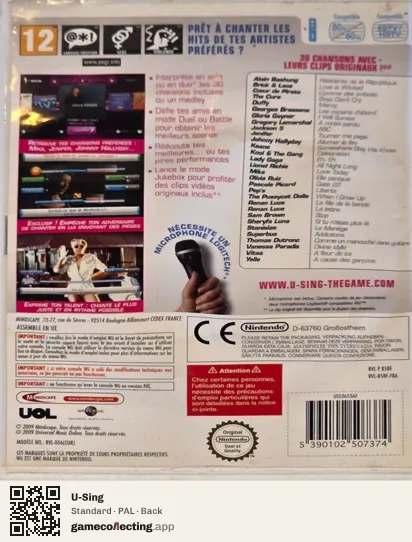 U-Sing Nintendo Wii, PAL box back