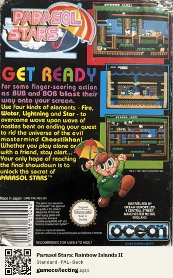 Parasol Stars: Rainbow Islands II Nintendo Entertainment System, PAL box back