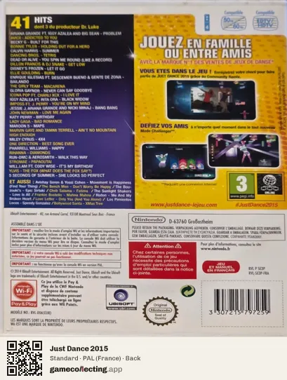 Just Dance 2015 Nintendo Wii, France box back