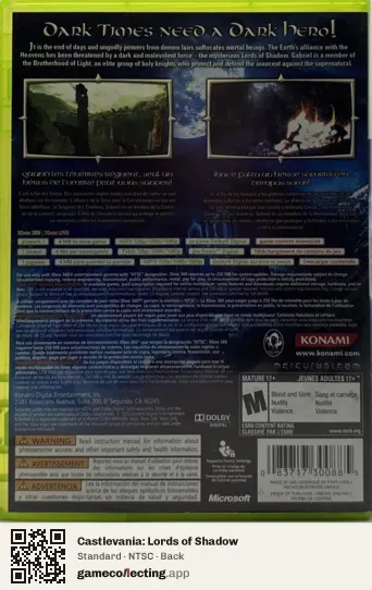 Castlevania: Lords of Shadow Xbox 360, NTSC box back
