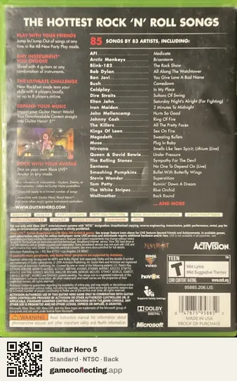 Guitar Hero 5 Xbox 360, NTSC box back