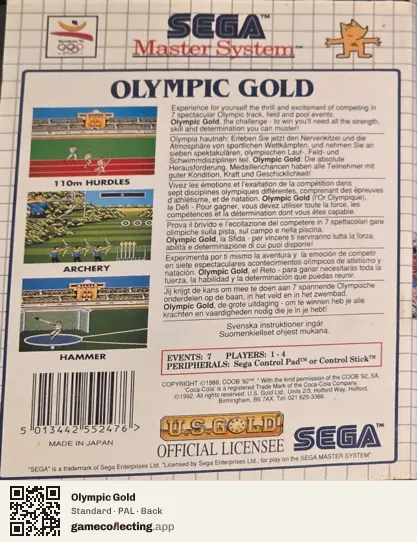 Olympic Gold Sega Master System, PAL box back