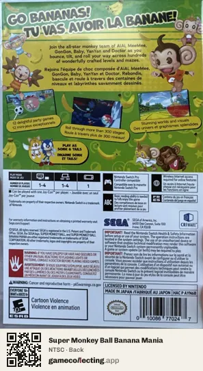 Super Monkey Ball Banana Mania Nintendo Switch, NTSC box back