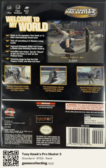 Tony Hawk's Pro Skater 3 Nintendo GameCube, NTSC box back