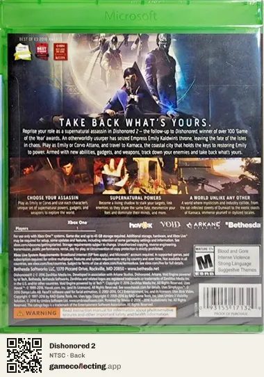 Dishonored 2 Xbox One, NTSC box back