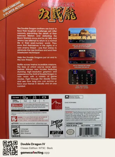 Double Dragon IV Nintendo Switch, NTSC box back