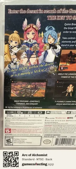 Arc of Alchemist Nintendo Switch, NTSC box back