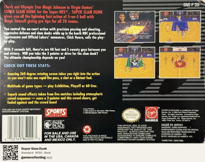 Super Slam Dunk Super Nintendo Entertainment System, NTSC box back