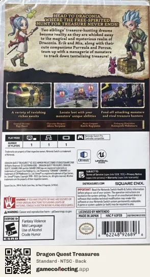 Dragon Quest Treasures Nintendo Switch, NTSC box back
