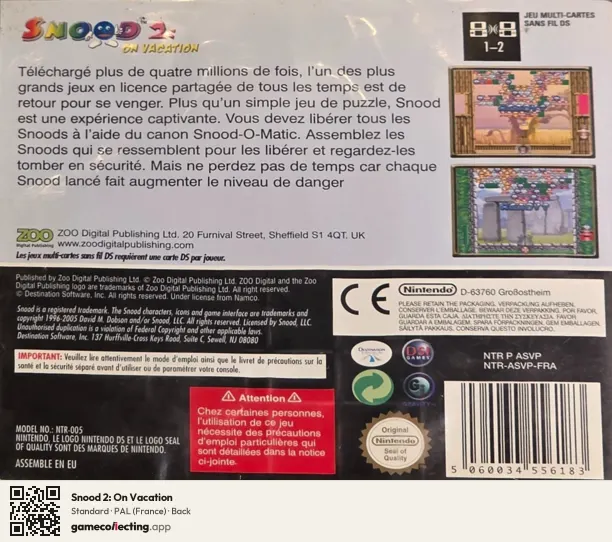 Snood 2: On Vacation Nintendo DS, France box back