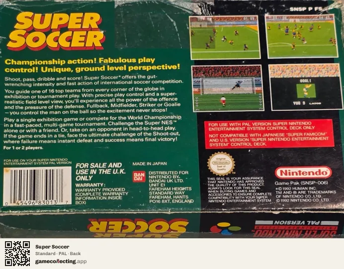 Super Soccer Super Nintendo Entertainment System, PAL box back