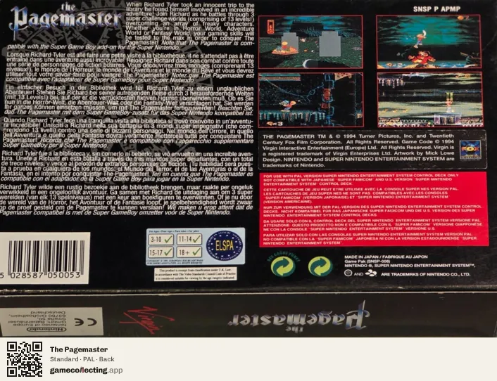 The Pagemaster Super Nintendo Entertainment System, PAL box back