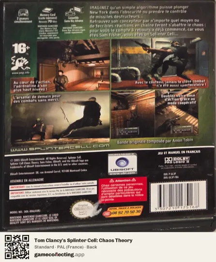 Tom Clancy's Splinter Cell: Chaos Theory Nintendo GameCube, France box back