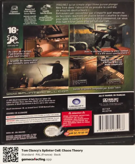 Tom Clancy's Splinter Cell: Chaos Theory Nintendo GameCube, France box back
