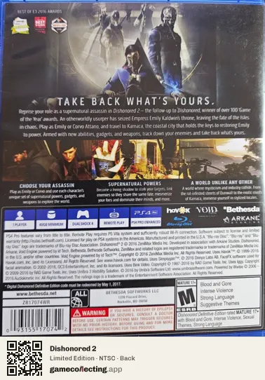 Dishonored 2 PlayStation 4, NTSC box back