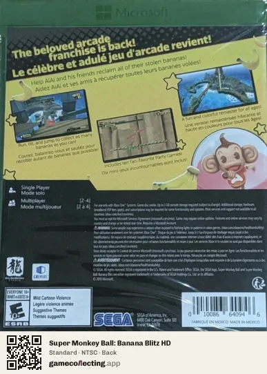 Super Monkey Ball: Banana Blitz HD Xbox One, NTSC box back