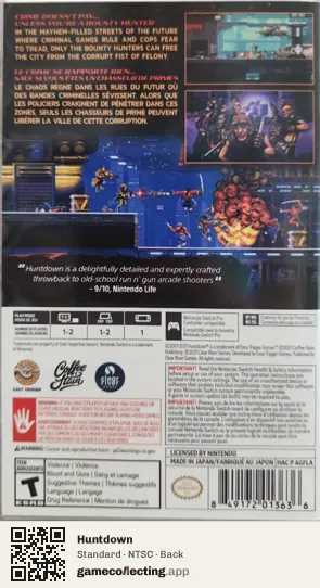 Huntdown Nintendo Switch, NTSC box back