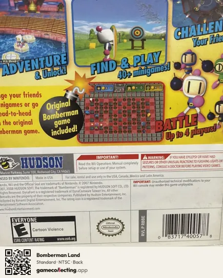 Bomberman Land Nintendo Wii, NTSC box back