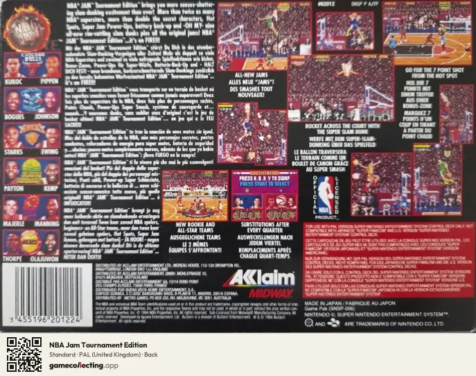 NBA Jam Tournament Edition Super Nintendo Entertainment System, United Kingdom box back