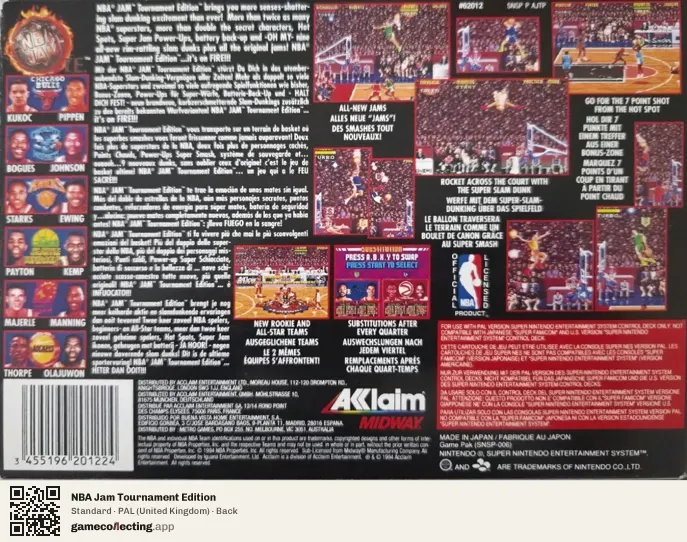 NBA Jam Tournament Edition Super Nintendo Entertainment System, United Kingdom box back