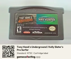 Tony Hawk's Underground / Kelly Slater's Pro Surfer Game Boy Advance, NTSC cartridge label