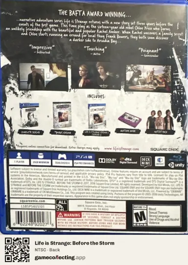 Life is Strange: Before the Storm PlayStation 4, NTSC box back