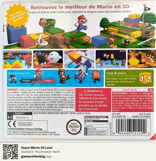 Super Mario 3D Land Nintendo 3DS, France box back