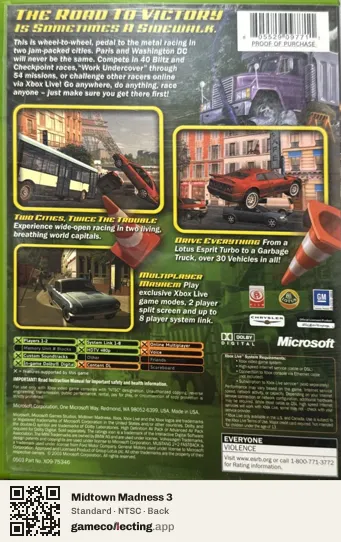 Midtown Madness 3 Xbox, NTSC box back