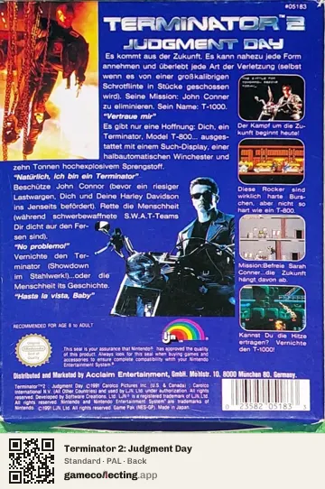 Terminator 2: Judgment Day Nintendo Entertainment System, PAL box back