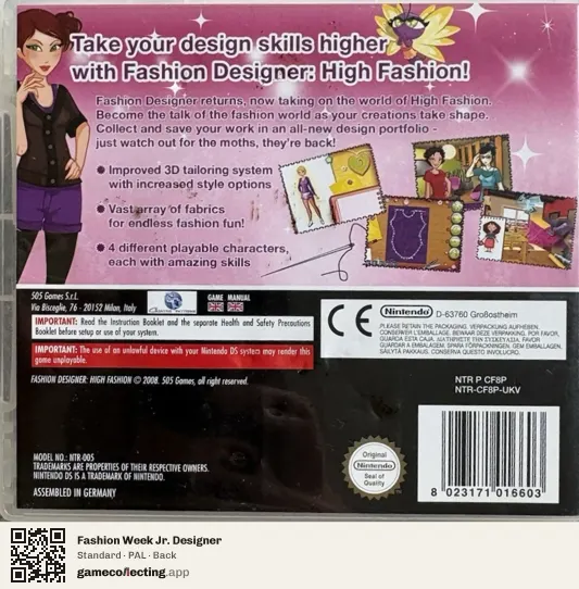 Fashion Week Jr. Designer Nintendo DS, PAL box back