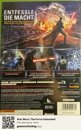 Star Wars: The Force Unleashed Xbox 360, Germany box back