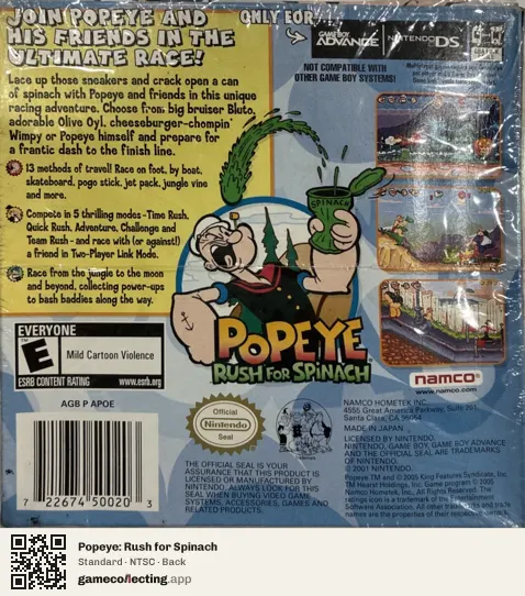 Popeye: Rush for Spinach Game Boy Advance, NTSC box back