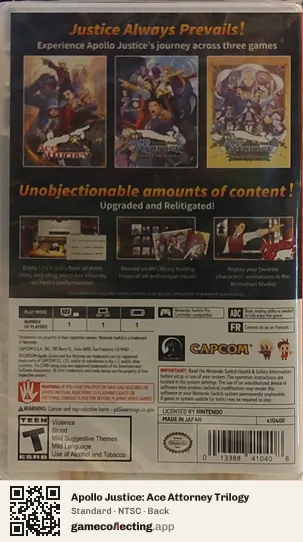 Apollo Justice: Ace Attorney Trilogy Nintendo Switch, NTSC box back