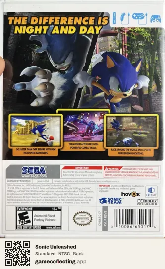 Sonic Unleashed Nintendo Wii, NTSC box back