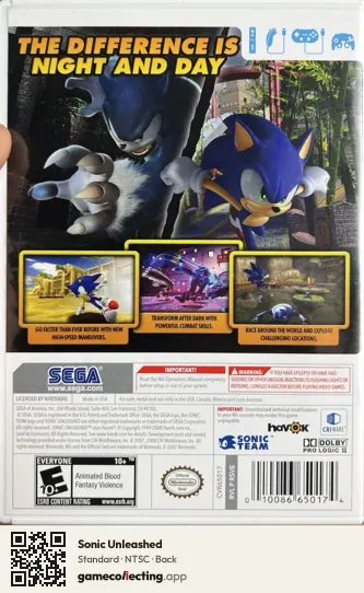 Sonic Unleashed Nintendo Wii, NTSC box back