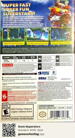 Sonic Superstars Nintendo Switch, NTSC box back