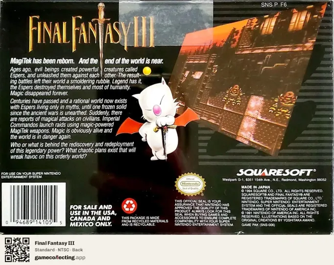 Final Fantasy III Super Nintendo Entertainment System, NTSC box back