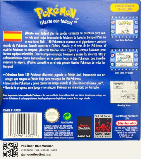 Pokémon Blue Version Game Boy, Spain box back
