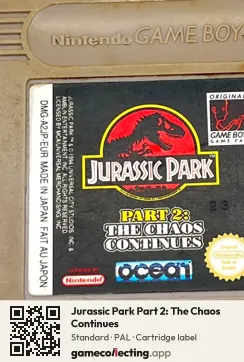 Jurassic Park Part 2: The Chaos Continues Game Boy, PAL cartridge label