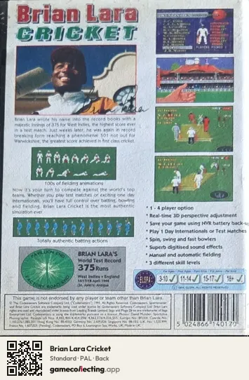 Brian Lara Cricket Sega Mega Drive / Genesis, PAL box back