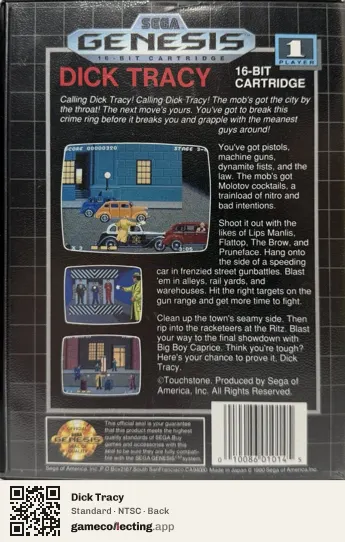 Dick Tracy Sega Mega Drive / Genesis, NTSC box back