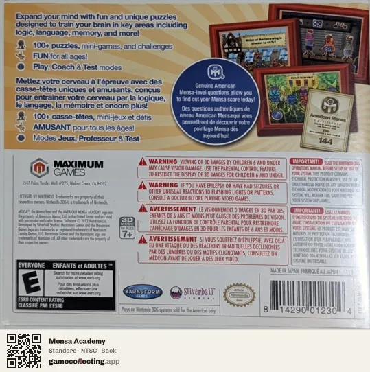 Mensa Academy Nintendo 3DS, NTSC box back