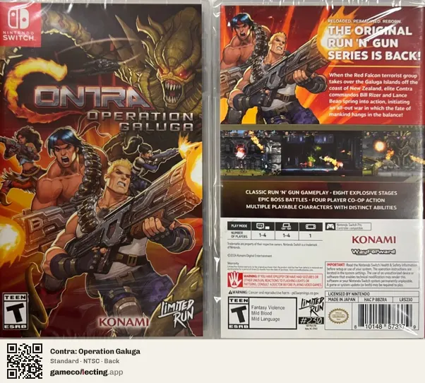 Contra: Operation Galuga Nintendo Switch, NTSC box back