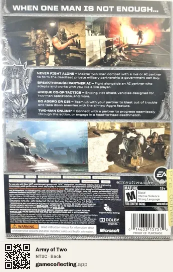 Army of Two Xbox 360, NTSC box back