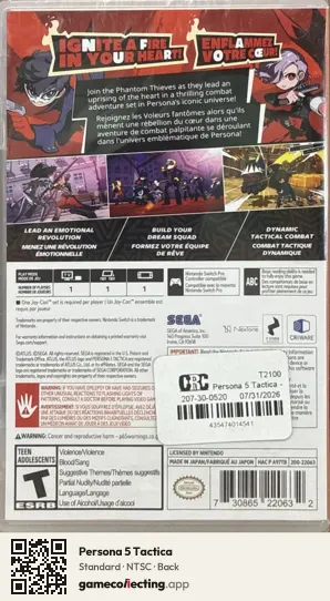 Persona 5 Tactica Nintendo Switch, NTSC box back